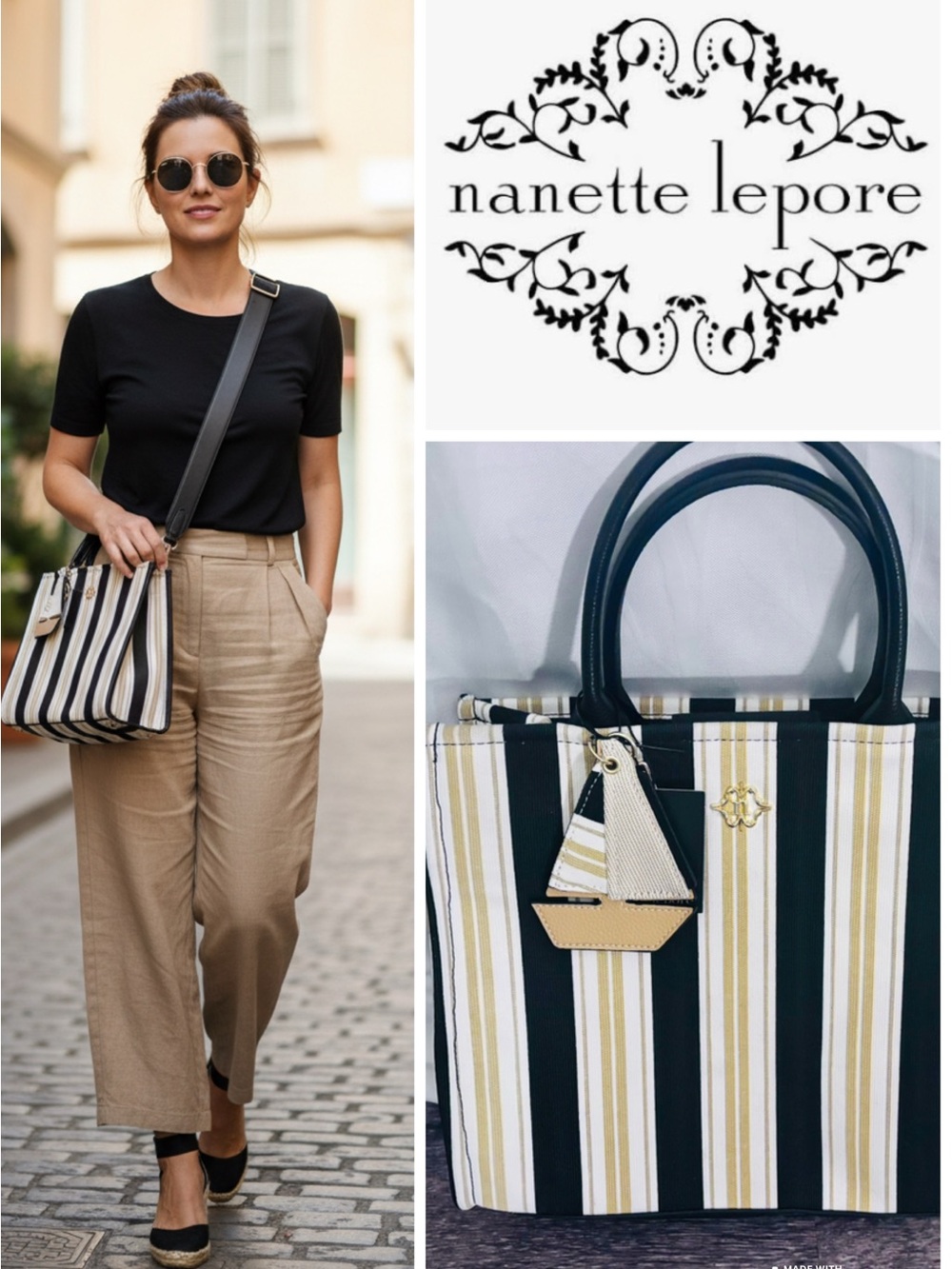 Nanette Lepore Black, Cream & Tan Canvas Striped Canvas Tote